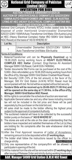 National Grid Company of Pakistan Limited Rawat Tender Notice
